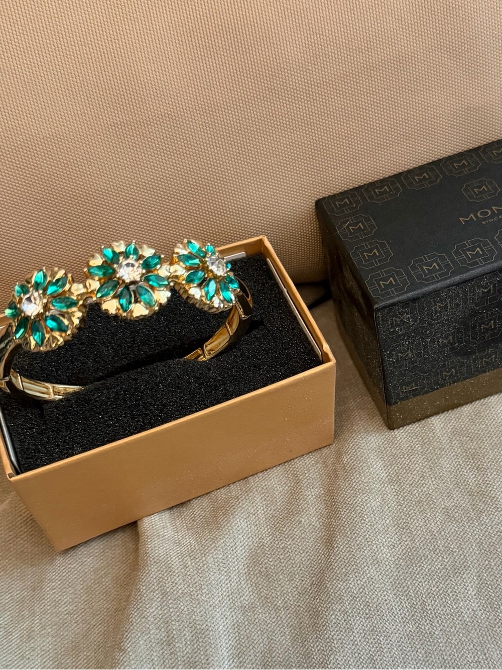 Monet Gold-Tone Bracelet with Emerald Floral Cluster Crystals